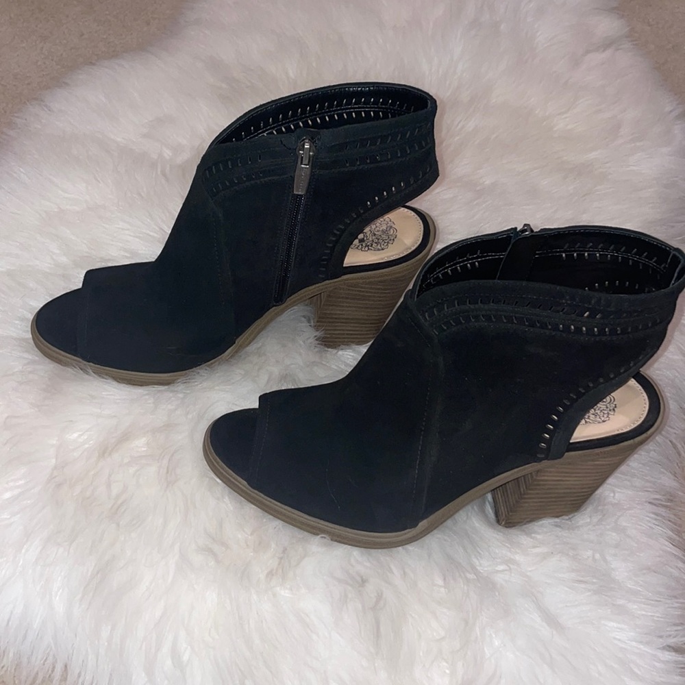 Vince Camuto Black Suede Open-Toe Cutout Booties